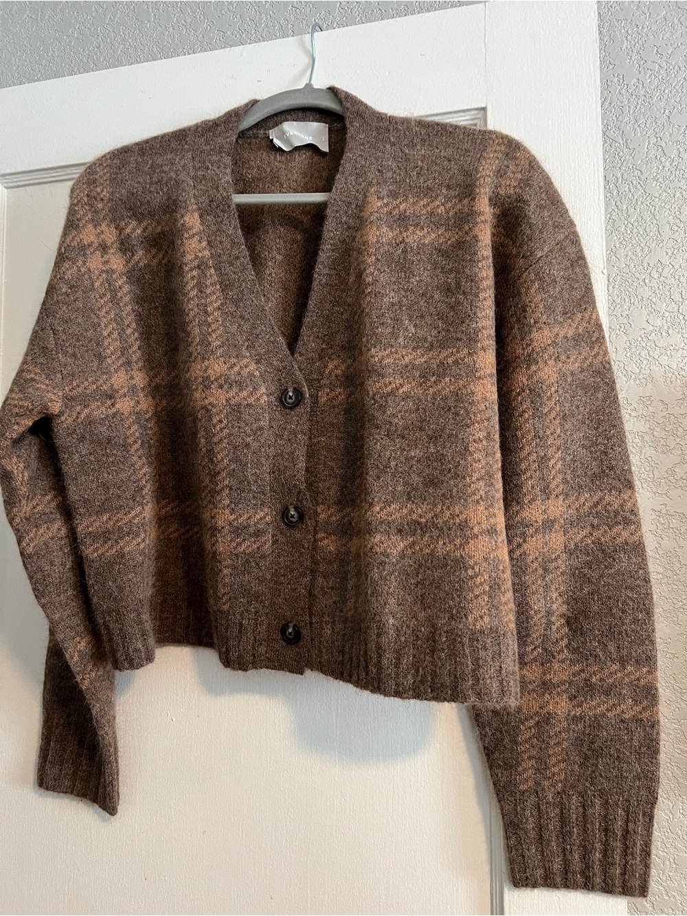 Everlane Brown Plaid V-Neck Button Cardigan NWOT